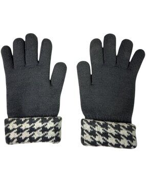 Women’s Gray Knit Winter Gloves with Houndstooth Cuffs – Fleece Lined
